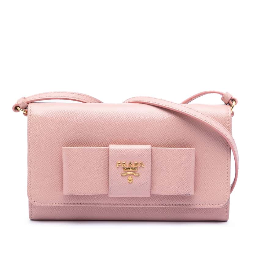 Prada Saffiano Lux Bow Wallet On Strap Pink Leather Very good condition - Front View