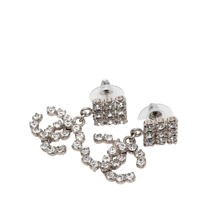 Chanel CC Brass Strass Drop Push Back Earrings Silver Metal Very good condition - Front View