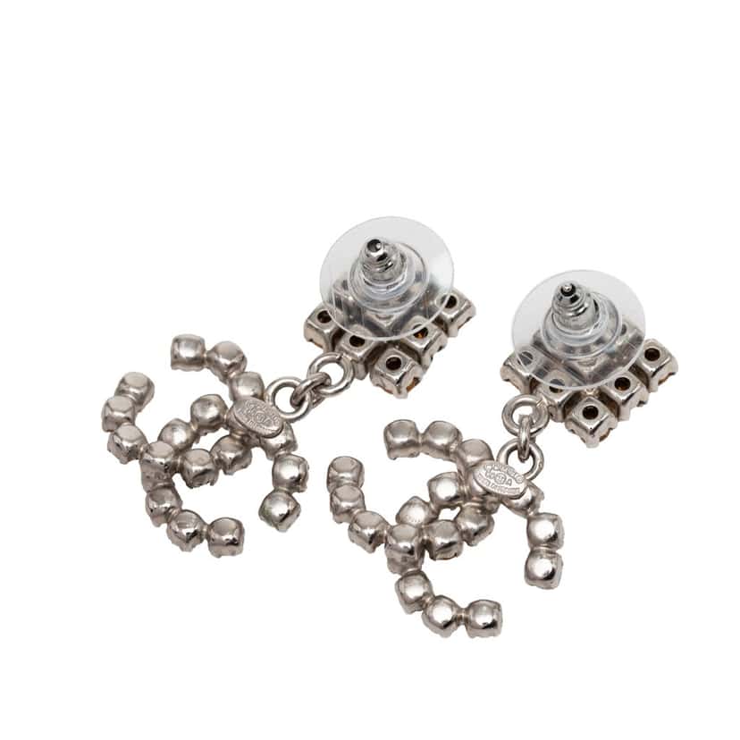 Chanel CC Brass Strass Drop Push Back Earrings Silver Metal Very good condition - Back View