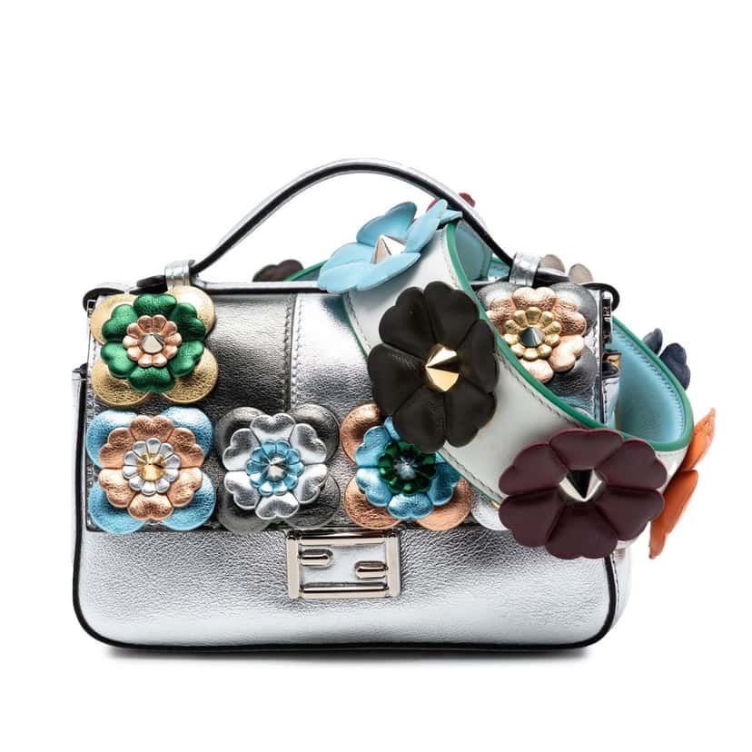 Fendi Micro Bicolor Metallic Leather Flowerland Double Baguette Satchel Silver Leather Very good condition - Front View
