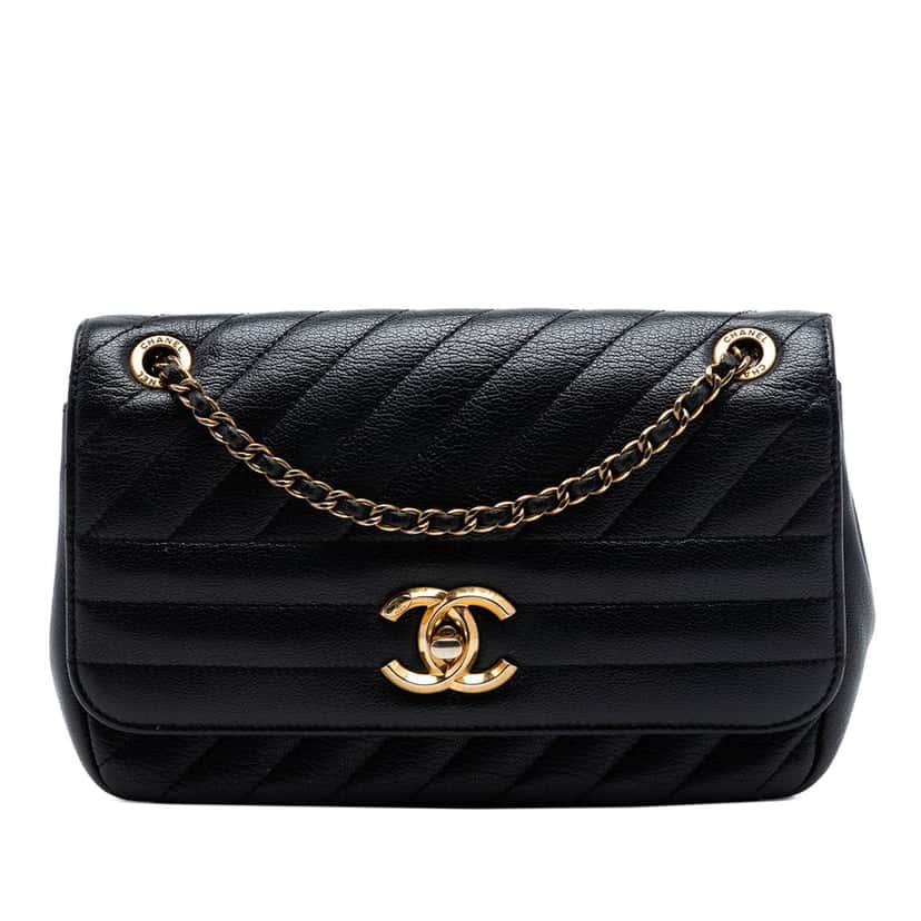 Chanel Small CC Diagonal Quilted Goatskin Flap Black Leather Very good condition - Front View