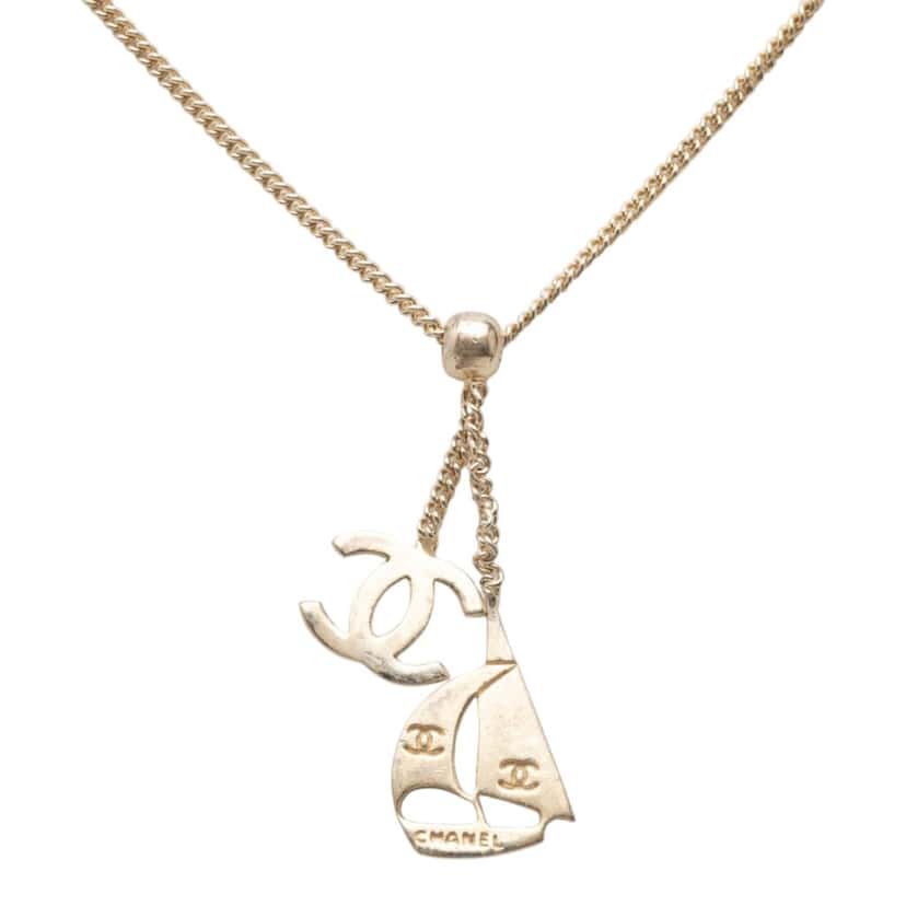 Chanel CC Gold Plated Sailboat Pendant Necklace Gold Metal Very good condition - Back View