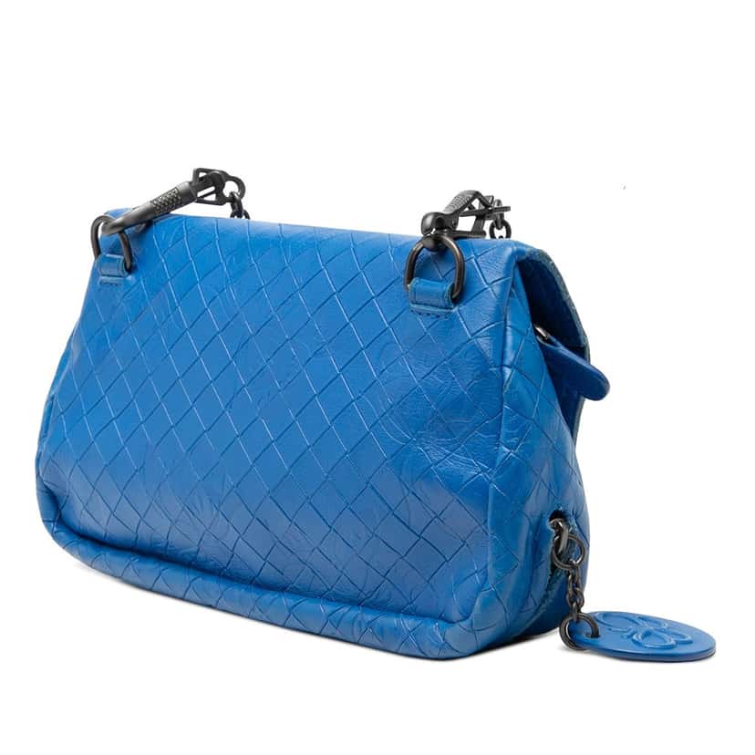 Bottega Veneta Small Calfskin Intrecciomirage Embossed Butterfly Chain Crossbody Blue Leather Very good condition - Back View