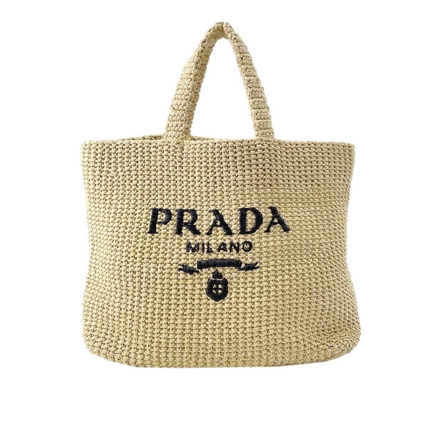 Prada Large Raffia Effect Crochet Embroidered Logo Tote Beige Very good condition - Front View