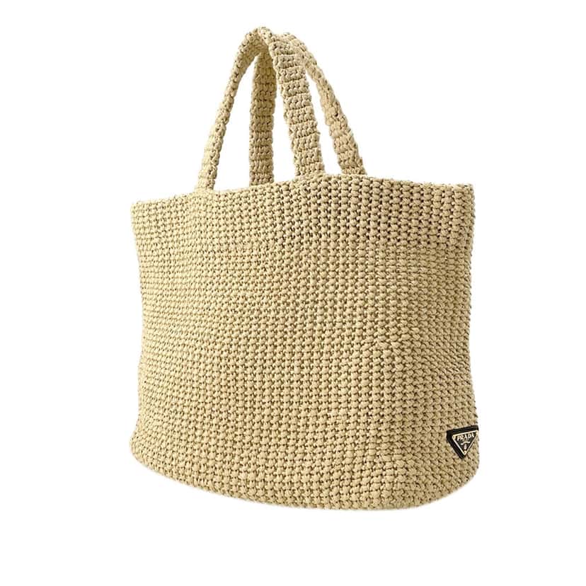 Prada Large Raffia Effect Crochet Embroidered Logo Tote Beige Very good condition - Back View