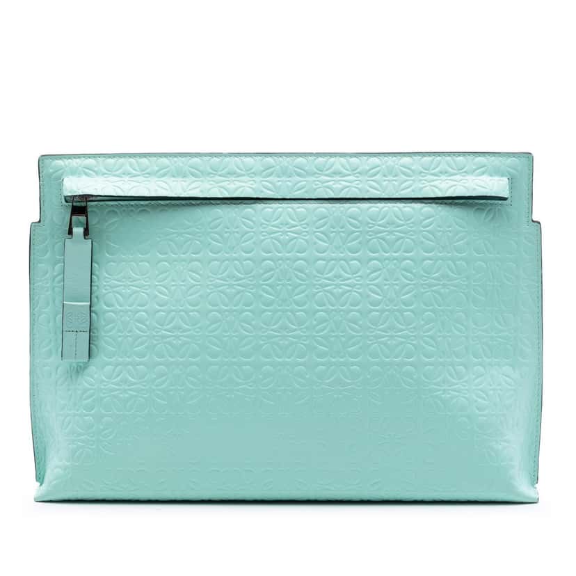 LOEWE Embossed Calfskin Anagram Repeat T Pouch Green Leather Very good condition - Front View