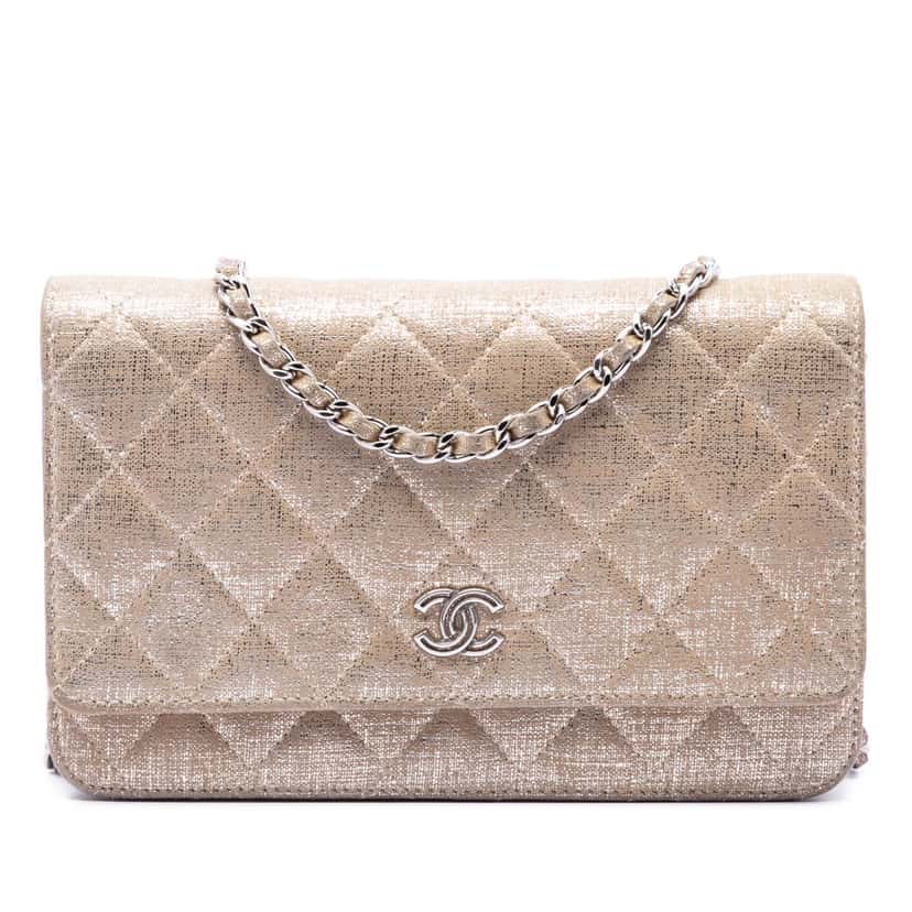 Chanel CC Quilted Metallic Fabric Wallet On Chain Gold Very good condition - Front View