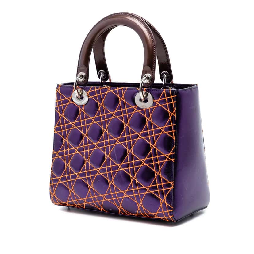 Dior Anselm Reyle Medium Metallic Lambskin Cannage Lady Dior Purple Leather Very good condition - Back View