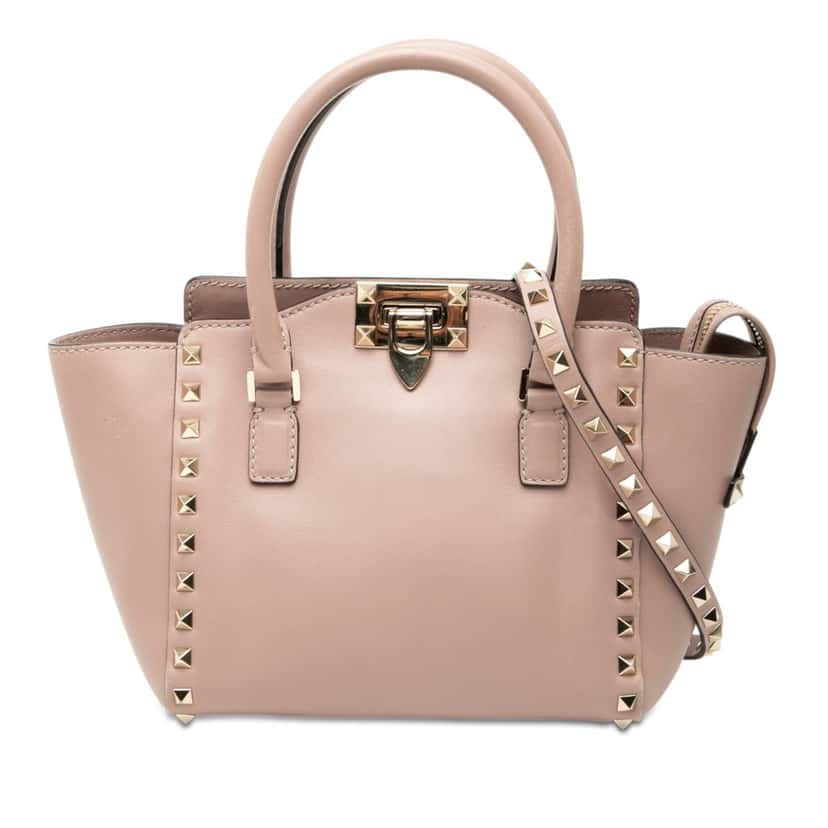 Valentino Mini Leather Rockstud Double Handle Tote Brown Leather Very good condition - Front View