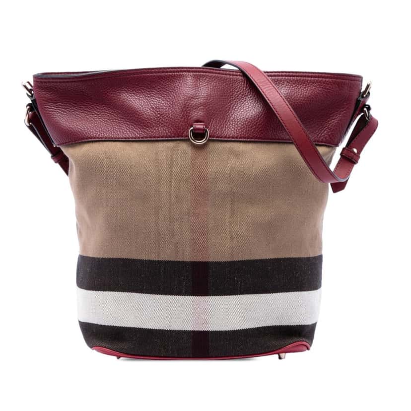 Burberry Medium Mega Check Canvas and Grained Calfskin Ashby Tassel Bucket Bag Brown Very good condition - Front View