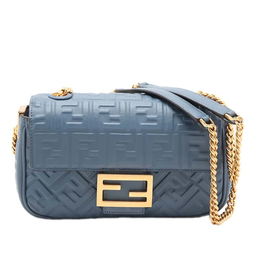 Fendi Small FF Nappa Embossed Chain Midi Baguette Blue Leather Very good condition - Front View