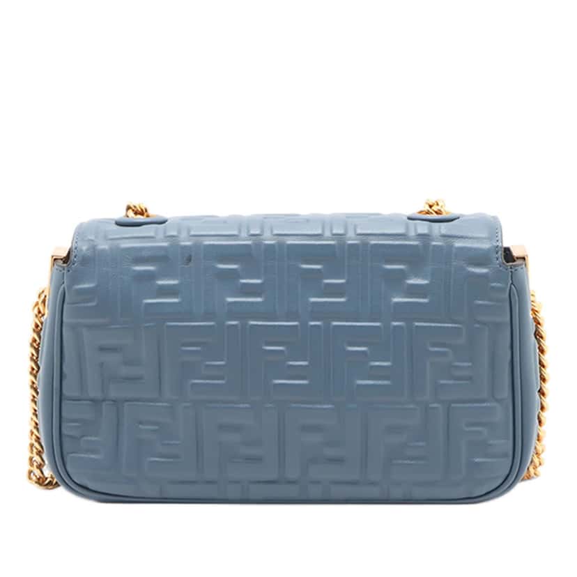 Fendi Small FF Nappa Embossed Chain Midi Baguette Blue Leather Very good condition - Back View