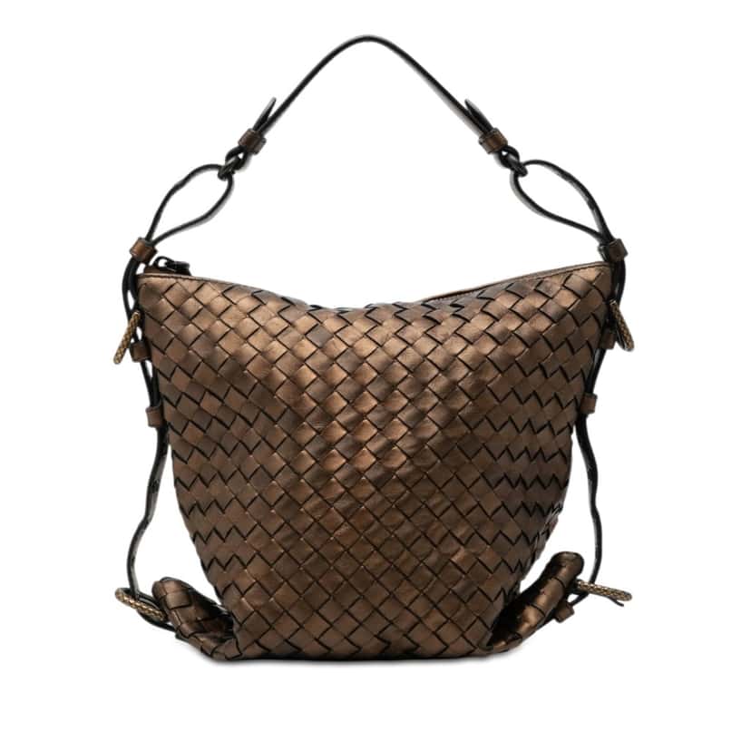 Bottega Veneta Metallic Nappa Intrecciato Belted Loop Handbag Brown Leather Very good condition - Front View