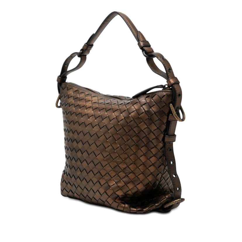 Bottega Veneta Metallic Nappa Intrecciato Belted Loop Handbag Brown Leather Very good condition - Back View