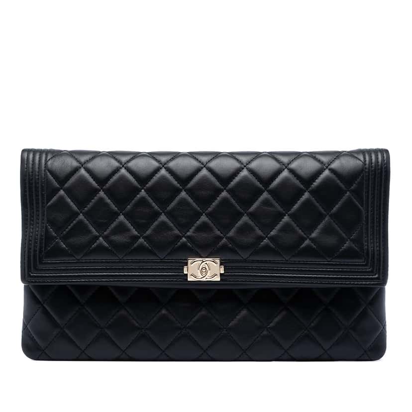 Chanel CC Quilted Lambskin Beauty Foldover Boy Clutch Black Leather Very good condition - Front View