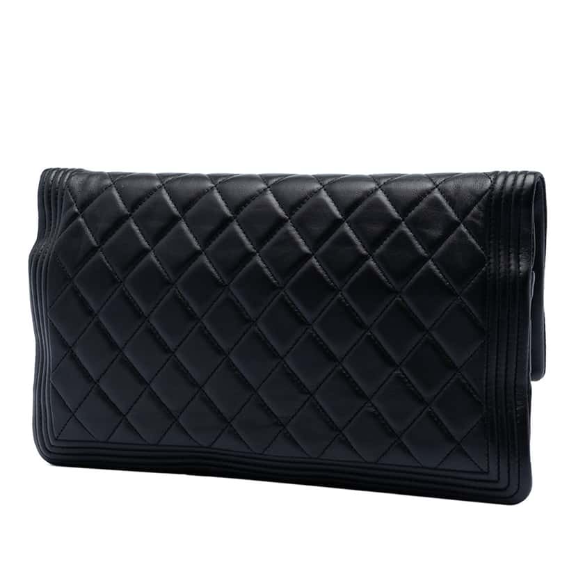 Chanel CC Quilted Lambskin Beauty Foldover Boy Clutch Black Leather Very good condition - Back View