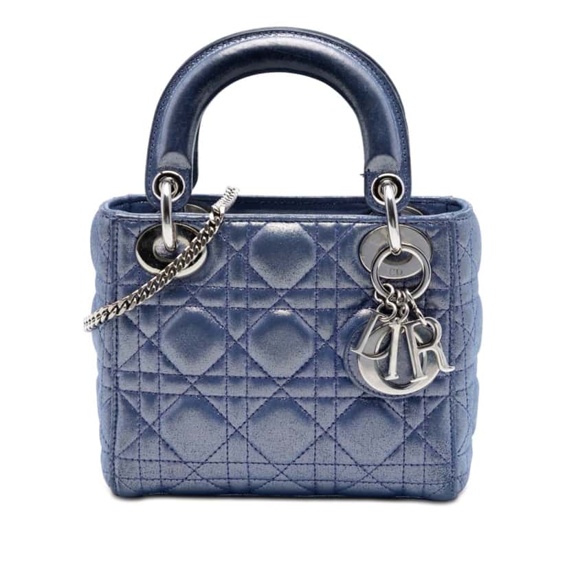 Dior Mini Iridescent Lambskin Cannage Lady Dior Blue Leather Very good condition - Front View