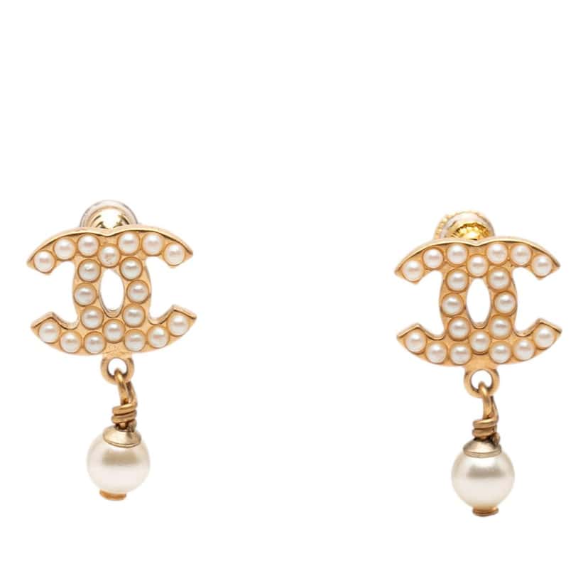 Chanel CC Gold Plated Faux Pearl Drop Push Back Earrings Gold Metal Very good condition - Front View