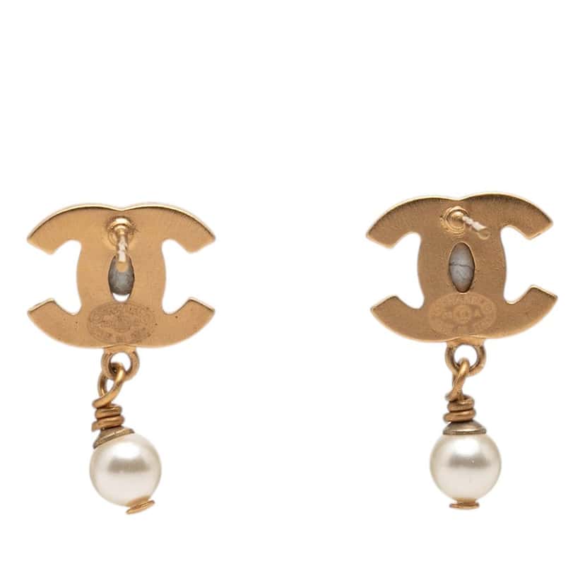 Chanel CC Gold Plated Faux Pearl Drop Push Back Earrings Gold Metal Very good condition - Back View