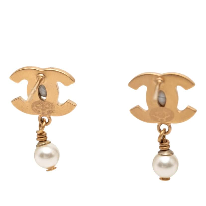Chanel CC Gold Plated Faux Pearl Drop Push Back Earrings Gold Metal Very good condition - Inside View