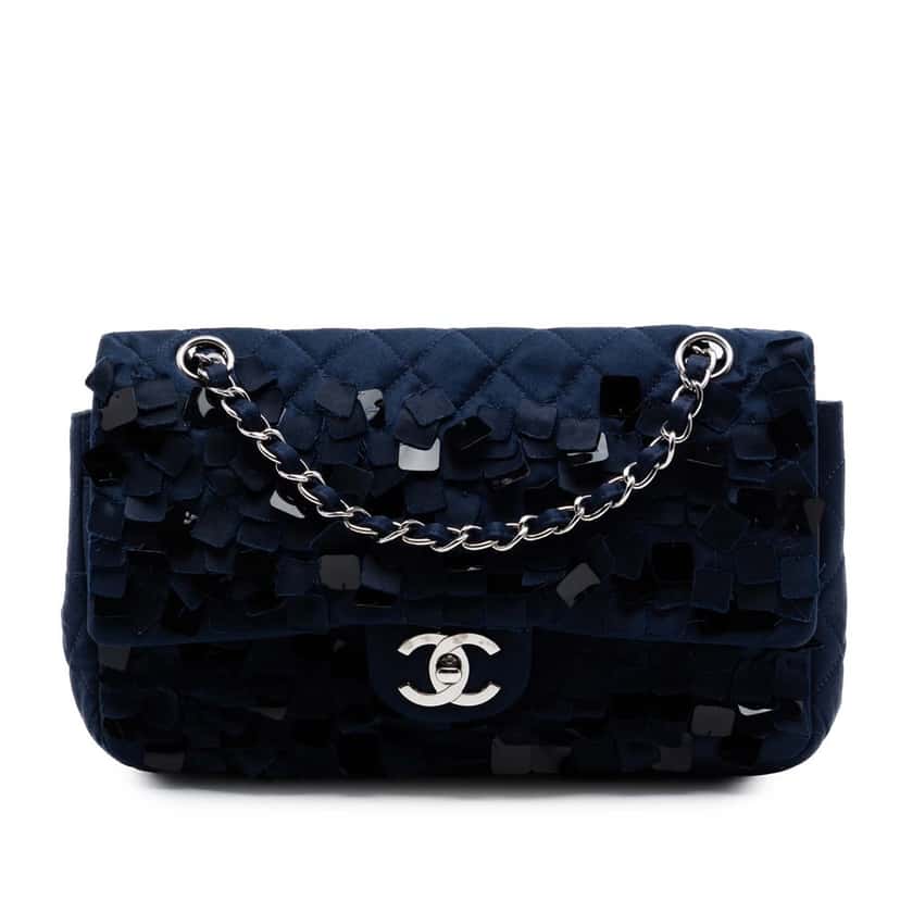 Chanel Medium Classic Satin Paillette Embellished Double Flap Blue Very good condition - Front View