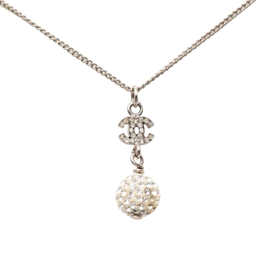 Chanel CC Brass Strass Ball Pendant Necklace Silver Metal Very good condition - Back View