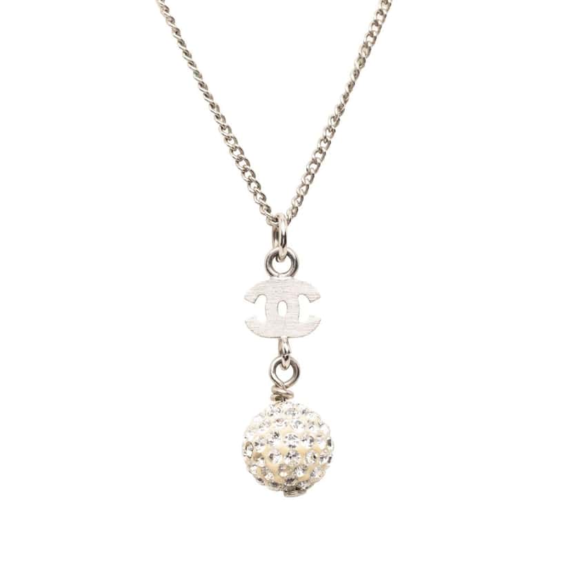 Chanel CC Brass Strass Ball Pendant Necklace Silver Metal Very good condition - Inside View