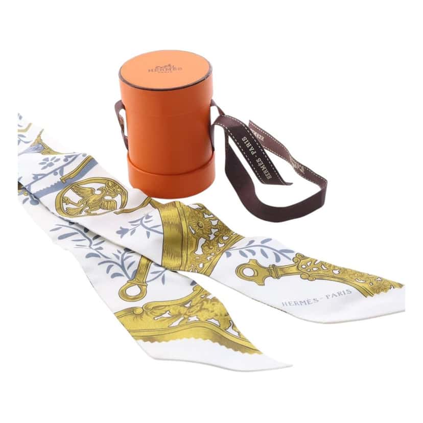 Hermès Etriers Remix Silk Twilly Scarf White Very good condition - Box View