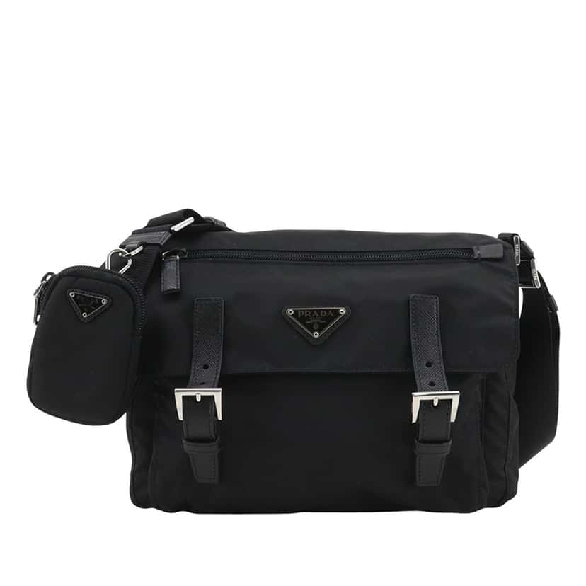 Prada Saffiano Trimmed Re Nylon Zip Double Buckle Messenger Bag Black Very good condition - Front View