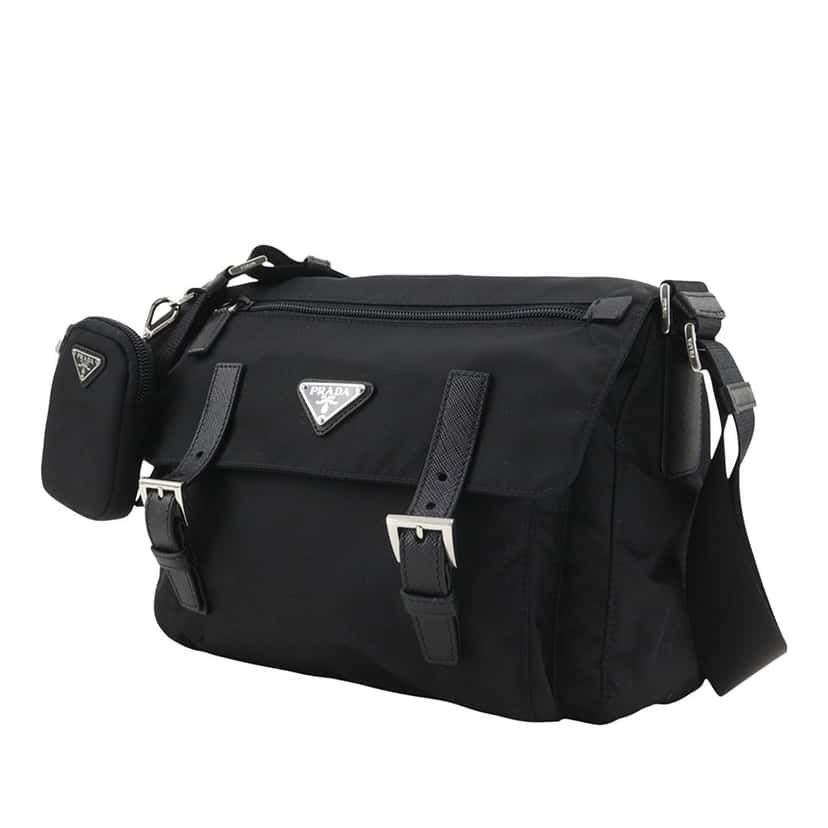 Prada Saffiano Trimmed Re Nylon Zip Double Buckle Messenger Bag Black Very good condition - Back View