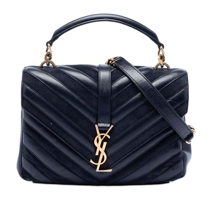 Saint Laurent Medium Calfskin and Suede Chevron Monogram College Satchel Blue Leather Very good condition - Front View