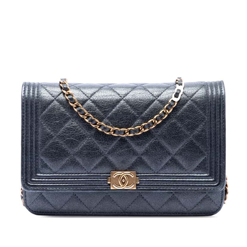 Chanel Quilted Metallic Calfskin Boy Wallet on Chain Black Leather Very good condition - Front View