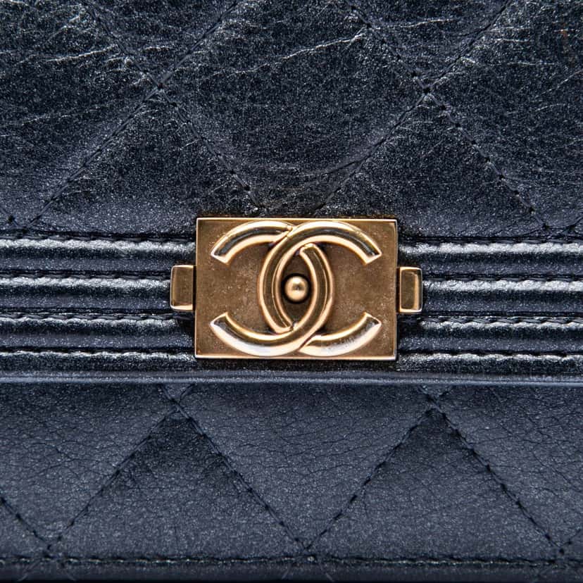 Chanel Quilted Metallic Calfskin Boy Wallet on Chain Black Leather Very good condition - Box View