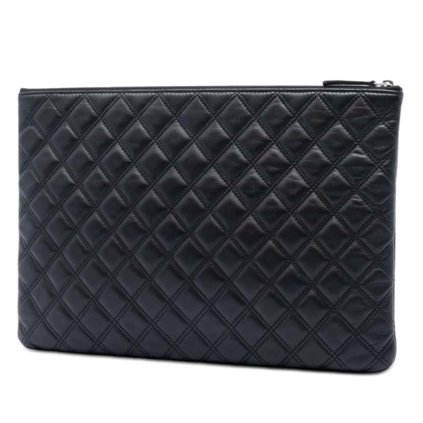 Chanel Large Quilted Lambskin Double Stitch O Case Clutch Black Leather Very good condition - Back View