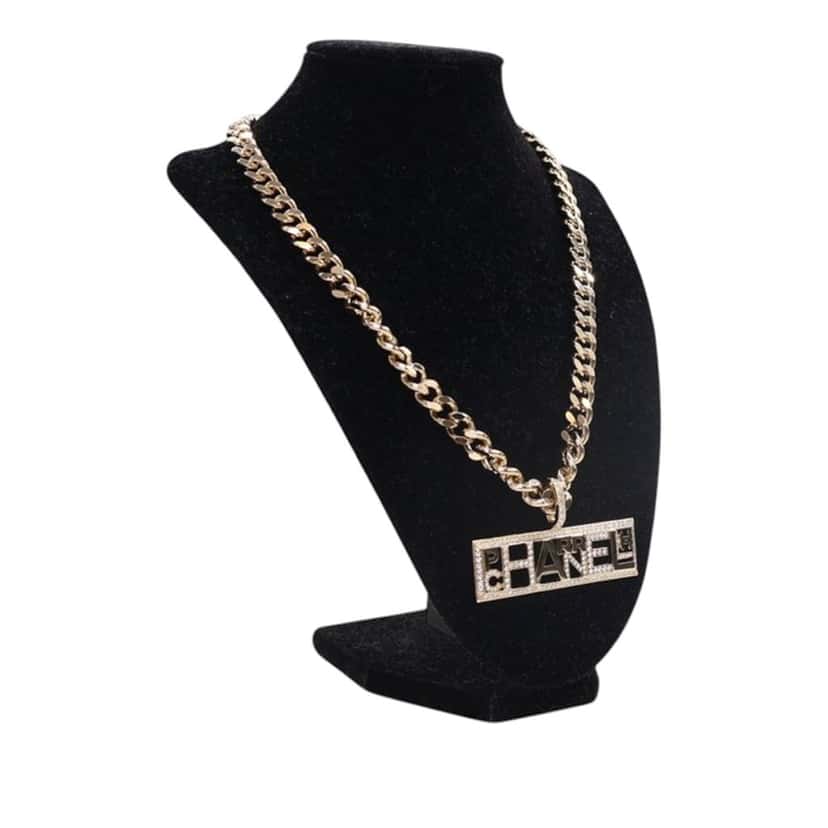 Chanel Pharrell Gold Plated Strass Chain Letters Pendant Necklace Gold Metal Very good condition - Back View