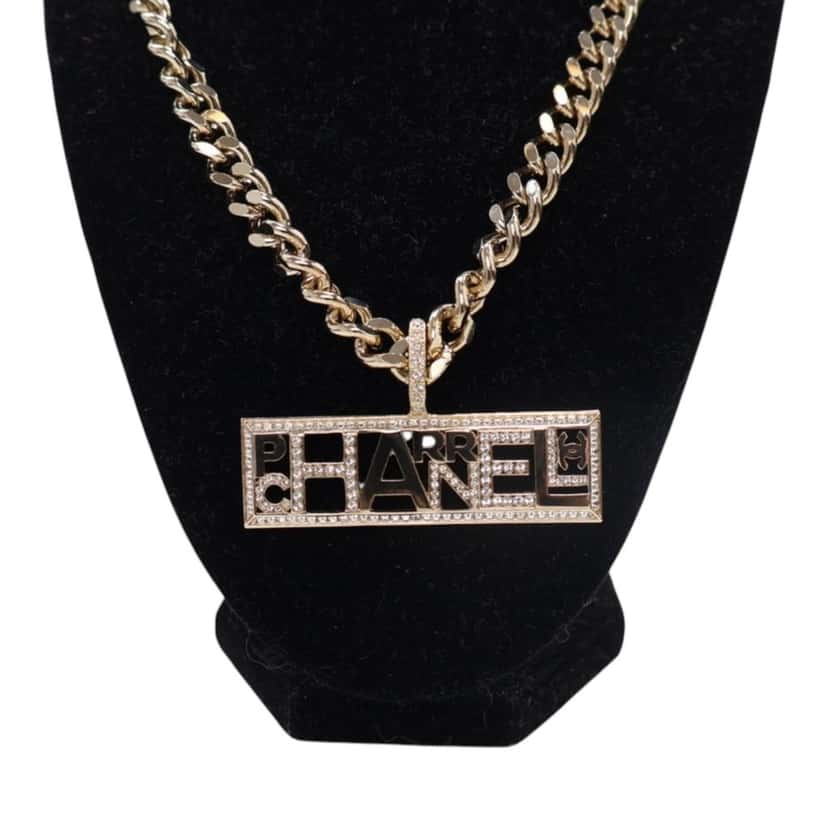 Chanel Pharrell Gold Plated Strass Chain Letters Pendant Necklace Gold Metal Very good condition - Box View