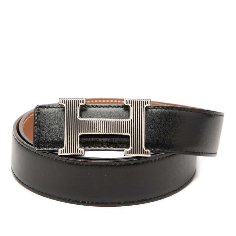 Hermès Togo and Box Calf H Strie Reversible Belt Black Leather Very good condition - Front View
