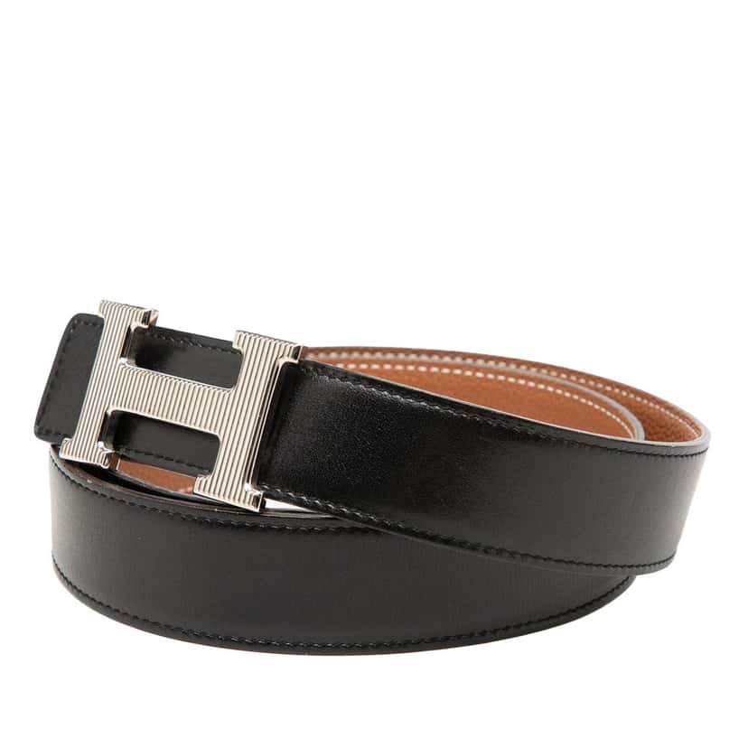 Hermès Togo and Box Calf H Strie Reversible Belt Black Leather Very good condition - Back View