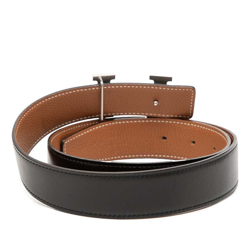 Hermès Togo and Box Calf H Strie Reversible Belt Black Leather Very good condition - Inside View