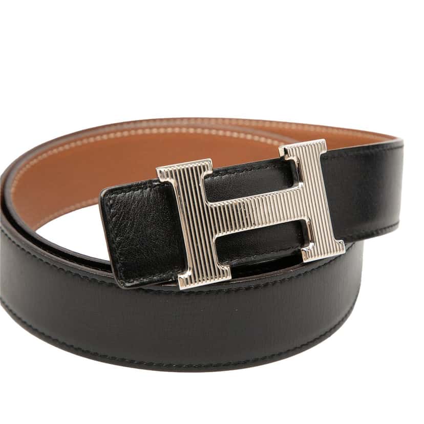 Hermès Togo and Box Calf H Strie Reversible Belt Black Leather Very good condition - Model View