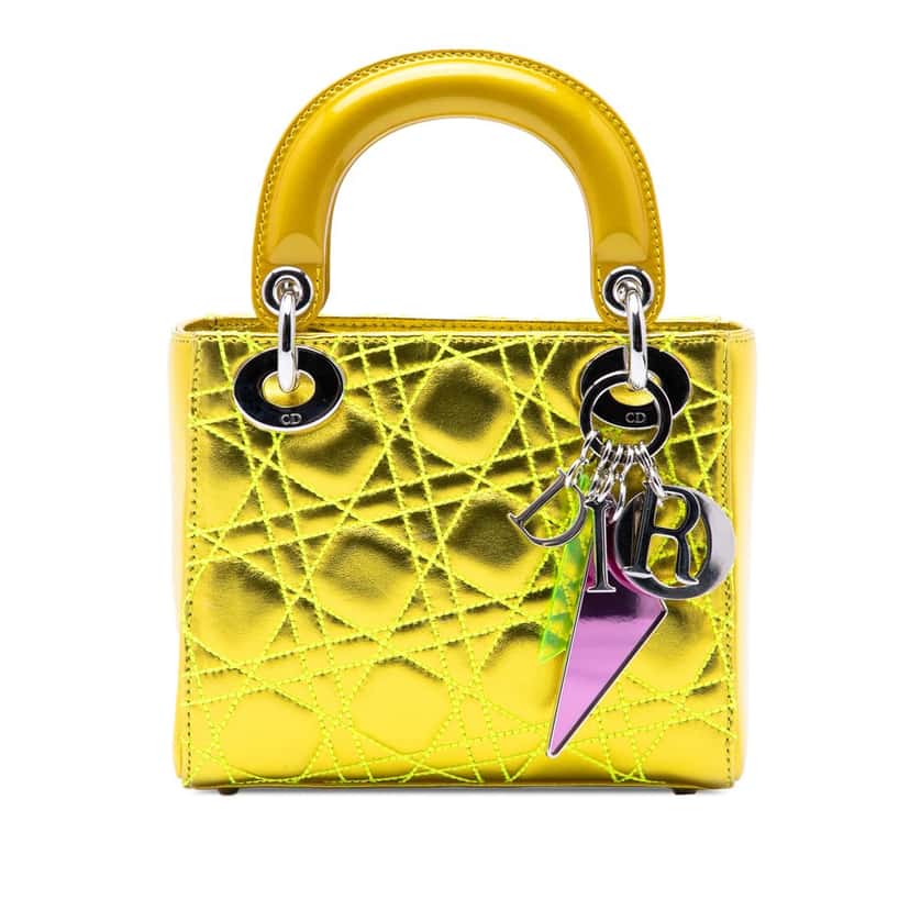 Dior Anselm Reyle Mini Metallic Lambskin Cannage Lady Dior Yellow Leather Very good condition - Front View