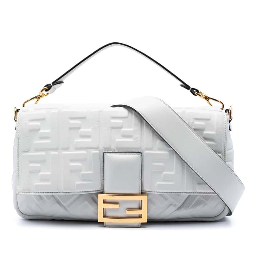 Fendi Large Zucca Embossed Leather Baguette Satchel White Leather Very good condition - Front View