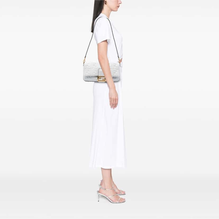 Fendi Large Zucca Embossed Leather Baguette Satchel White Leather Very good condition - Box View