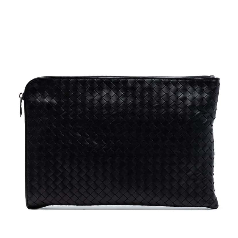 Bottega Veneta Large Nappa Intrecciato Zip Pouch Blue Leather Very good condition - Front View