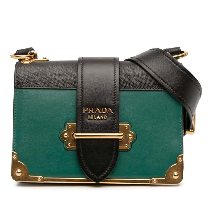 Prada Saffiano Trimmed City Calf Crystal Cahier Crossbody Green Leather Very good condition - Front View