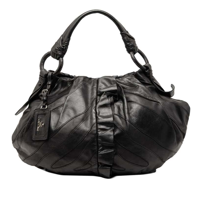 Prada Nappa Mordore Ruffle Hobo Black Leather Very good condition - Front View