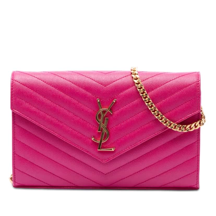 Saint Laurent Grain De Poudre Chevron Monogram Envelope Chain Wallet Pink Leather Very good condition - Front View