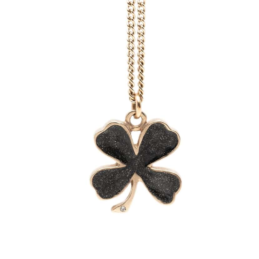 Chanel CC Gold Plated and Enamel Strass Faux Pearl Clover Pendant Necklace Gold Metal Very good condition - Back View