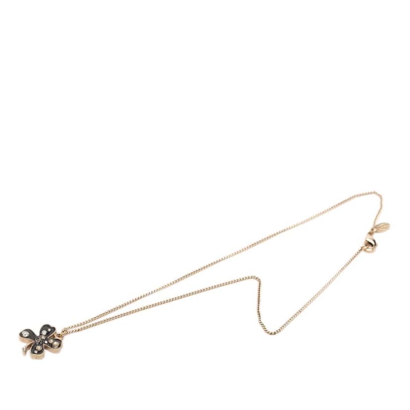 Chanel CC Gold Plated and Enamel Strass Faux Pearl Clover Pendant Necklace Gold Metal Very good condition - Inside View