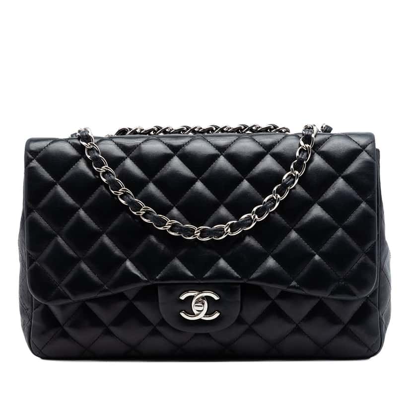 Chanel Jumbo Classic Lambskin Single Flap Black Leather Very good condition - Front View